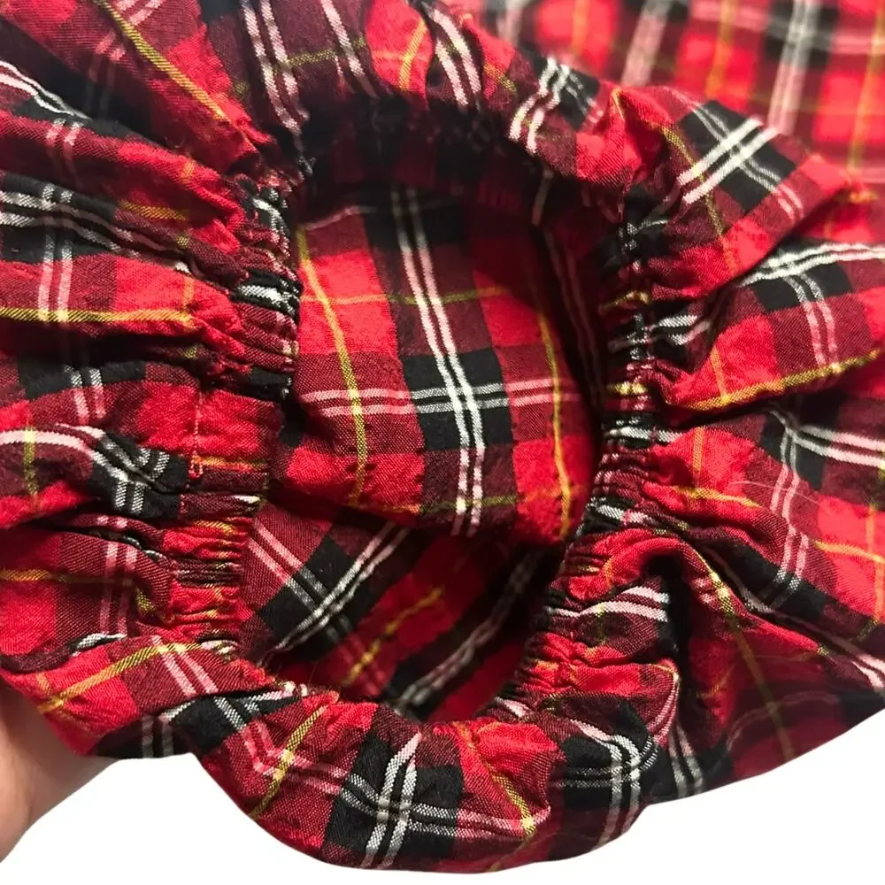 Red Black Tartan Plaid Off Shoulder Puff Sleeve Blouse M Cottagecore Prairie